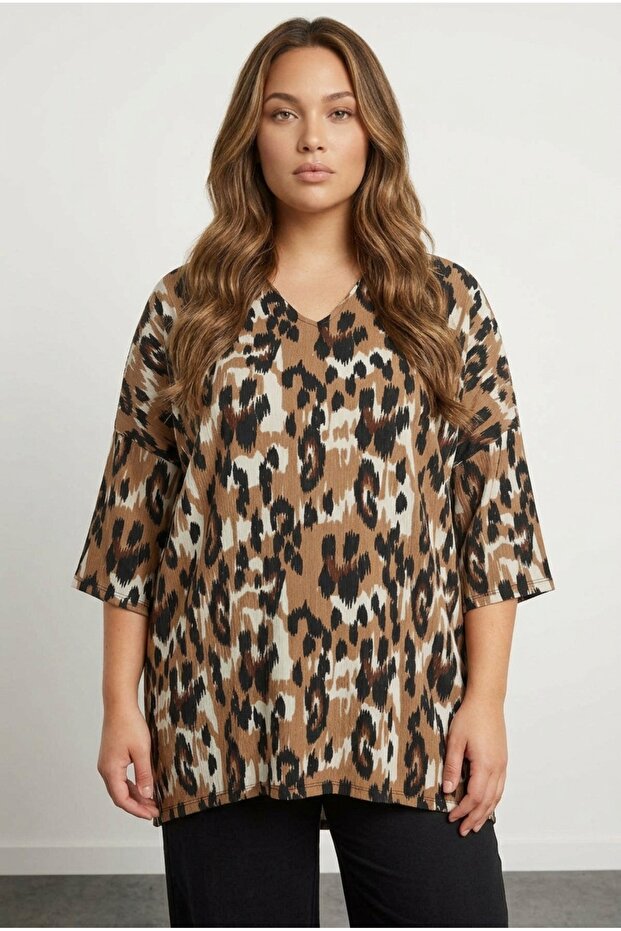 Plus Size Shirt Collar Half Sleeve Asymmetric Hem Cut Long Blouse 303633