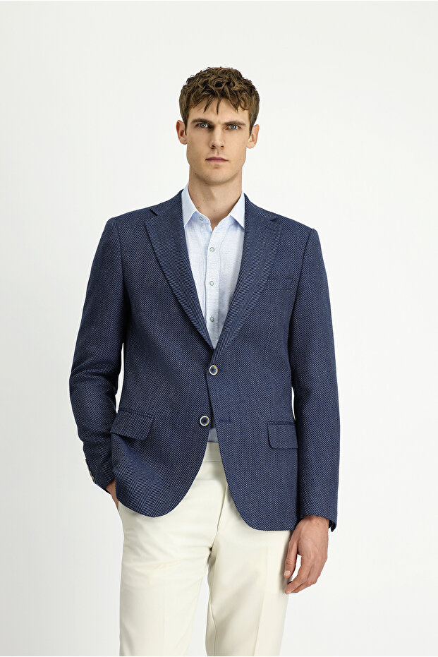 Regular Fit Woolen Herringbone Jacket - 4