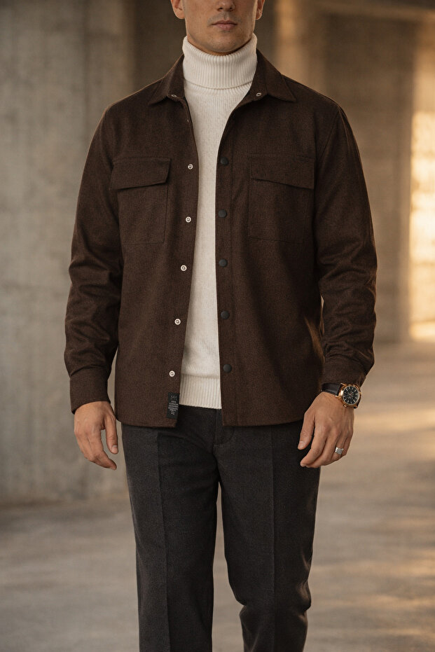 Men's Brown Comfortable Fit Sports Jacket with Flap, Double Pockets and Snap Fasteners