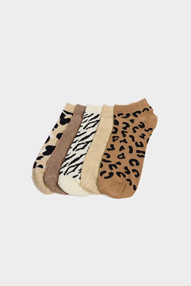 Women's Leopard Patterned 5-Piece Cotton Booties Socks G3569Axns