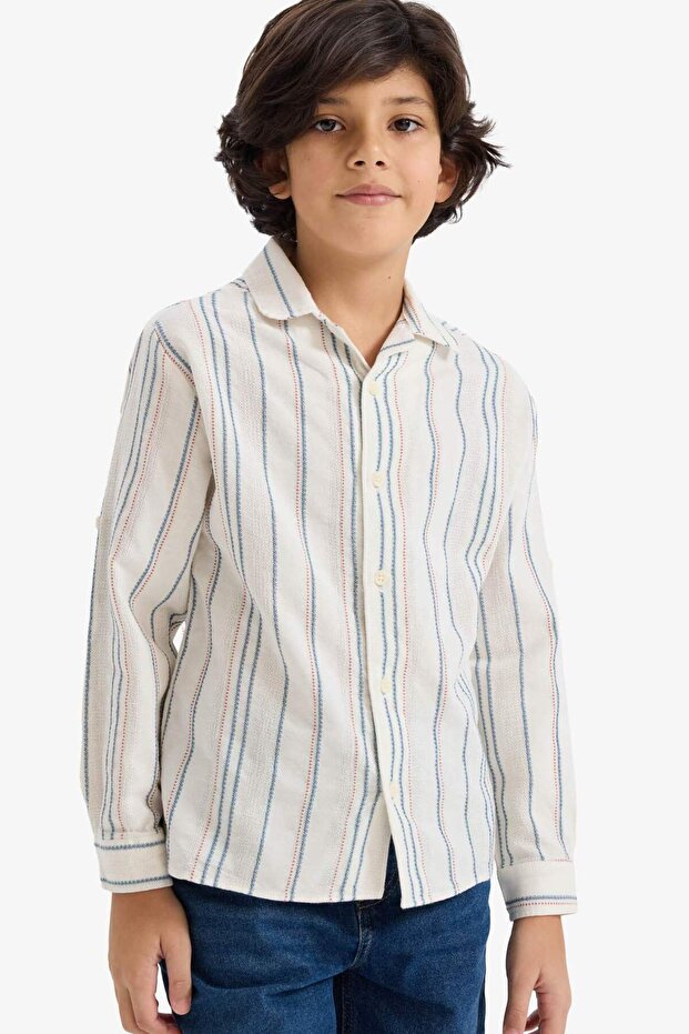 100% Cotton Oversize Wide Fit Polo Collar Striped Long Sleeve Shirt for Boys G6985A826Sp