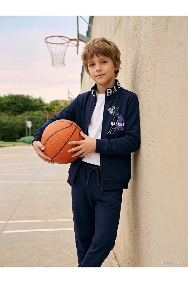 Basketball Printed Tracksuit Set for 6-9 Years Old - Navy Blue 8-9 Years Old