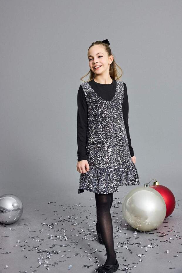 New Year's Themed 2-Piece Set Long Sleeve T-Shirt Sequined Sleeveless Dress Girls G5388A825Wn