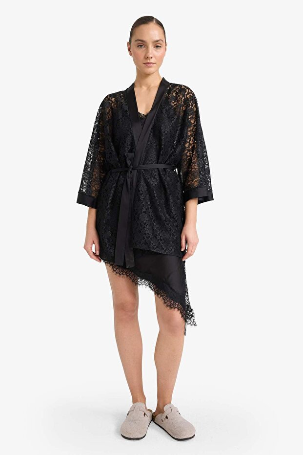 Regular Fit Wrap Collar Lace Half Sleeve Dressing Gown G1541Ax25Wn