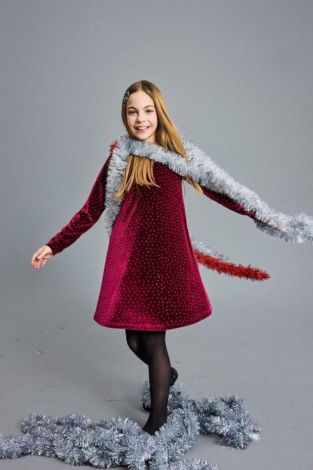 Crew Neck Velvet Long Sleeve Dress Girls G5994A825Wn