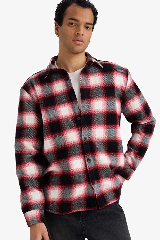 Regular Fit Polo Collar Flannel Checkered Long Sleeve Shirt F7115Ax25Wn