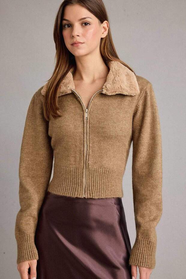Slim Fit Slim Fit Faux Fur Collar Zippered Cardigan G9000Ax25Wn