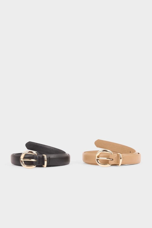 Women's Oval Buckle Faux Leather 2-Piece Casual Belt F3291Axns