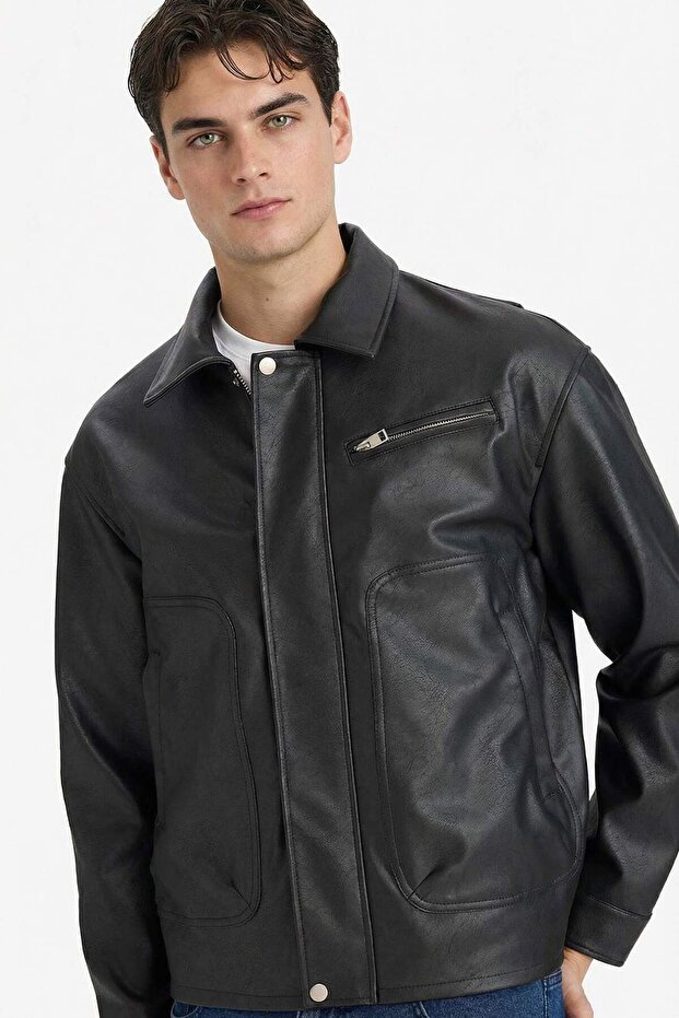 Oversized Shirt Collar Zippered Faux Leather Coat F8600Ax26Sp