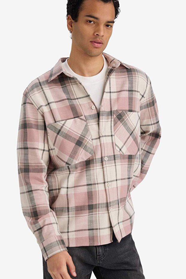 100% Cotton Regular Fit Polo Collar Checkered Flannel Long Sleeve Shirt G2331Ax25Au