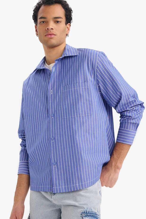 100% Cotton Boxy Fit Striped Long Sleeve Shirt G6194Ax25Wn