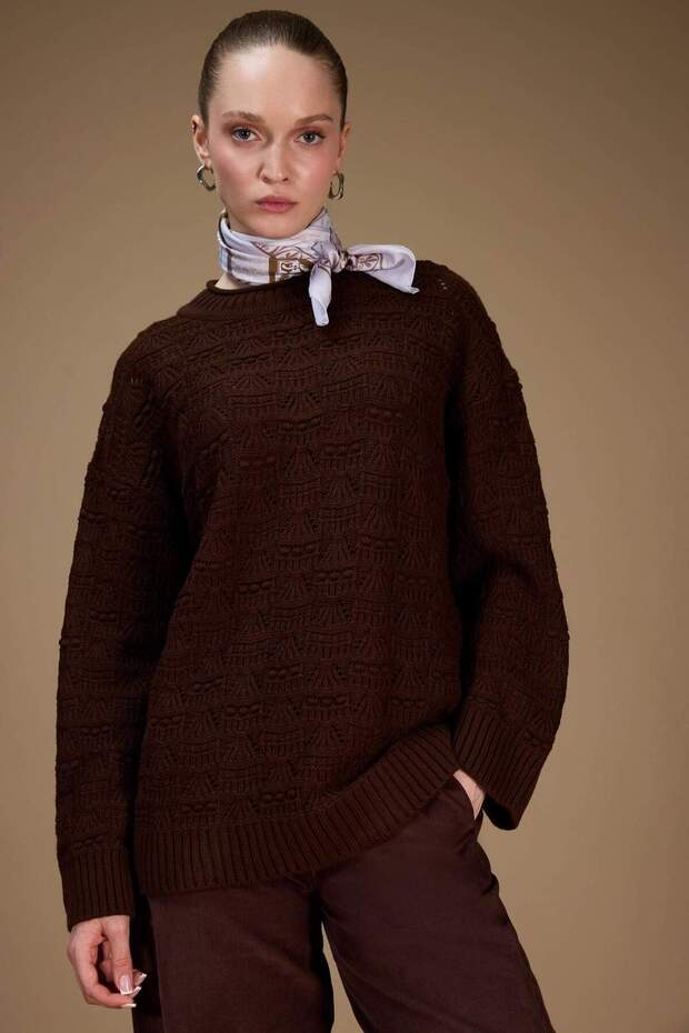 Regular Fit Crew Neck Lace-Like Knit Knitwear Tunic G0710Ax25Wn
