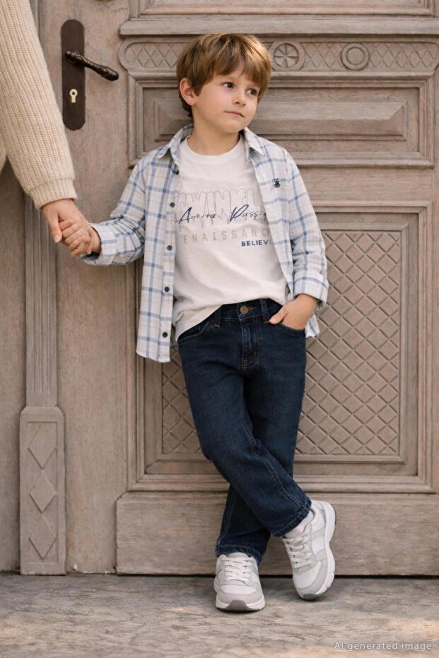 3-Piece Set with Plaid Shirt for 2-5 Years Old - Ecru