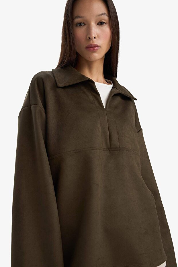 Oversized Polo Collar Suede Long Sleeve T-Shirt G6218Ax25Wn