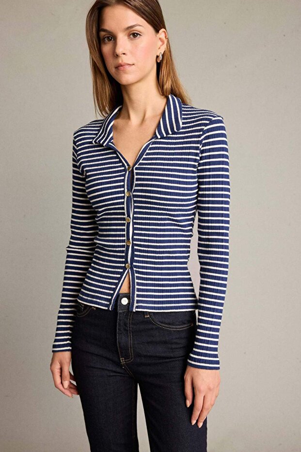 Polo Neck Striped Long Sleeve T-Shirt G5232Ax25Wn
