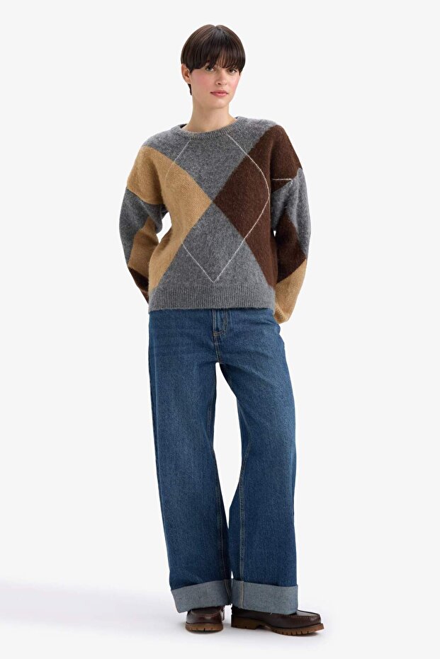 Relax Fit Sweter z golfem i wzorem baklava G2185AX25WN - 2