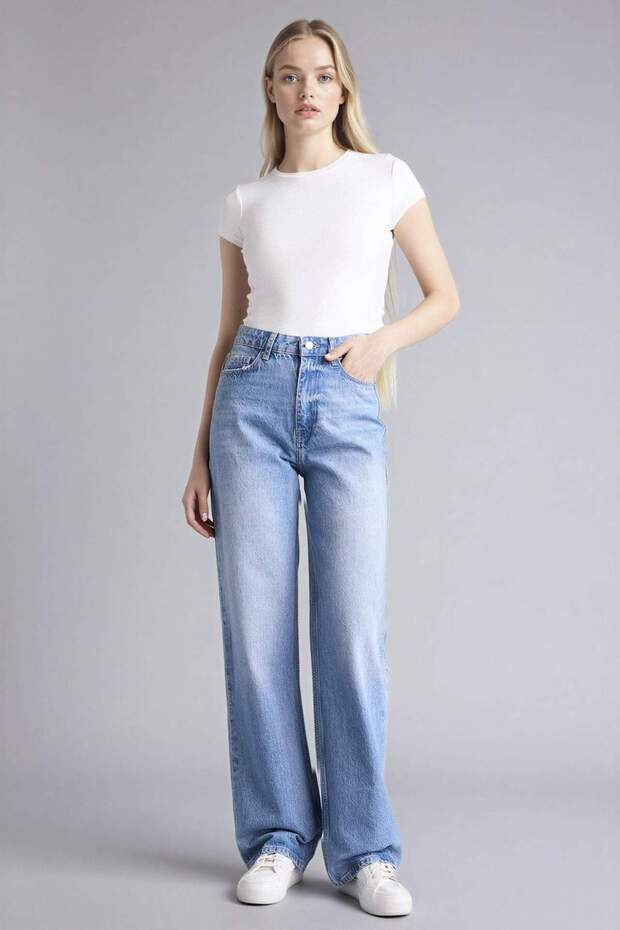 Straight Mid Waist Pipe Leg Jean Trousers G3542Ax25Wn