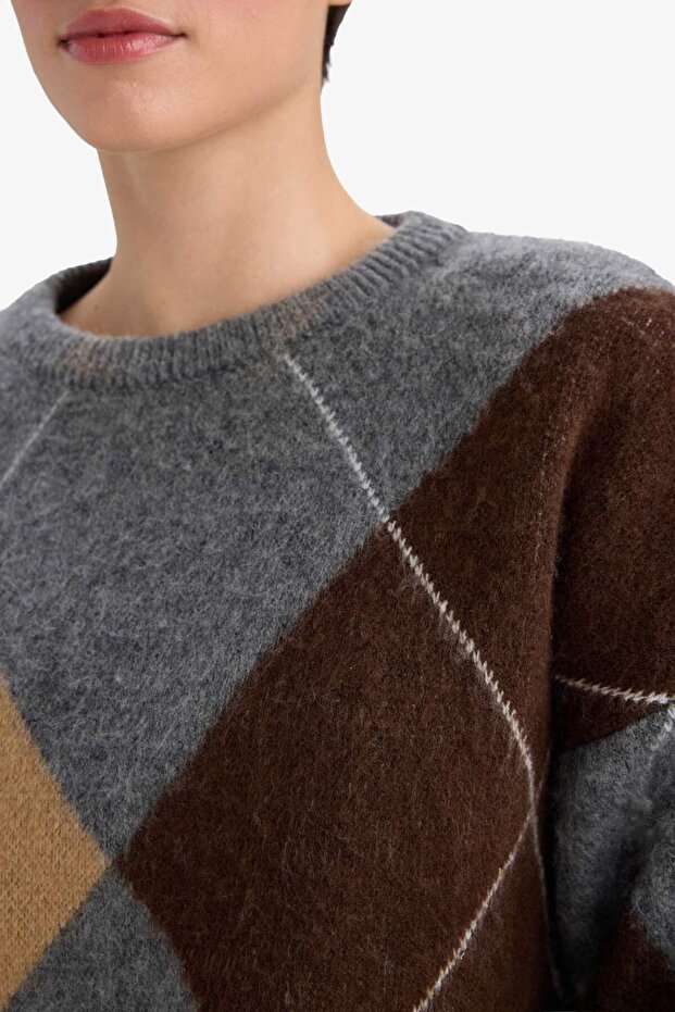 Relax Fit Sweter z golfem i wzorem baklava G2185AX25WN - 5