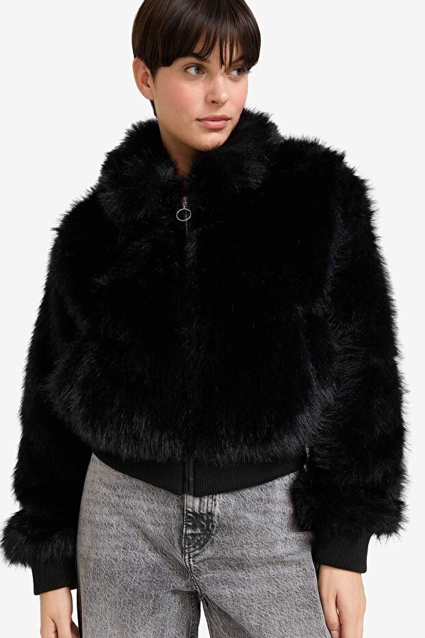 Warm Regular Fit Zippered Short Faux Fur Coat F3578Ax25Wn