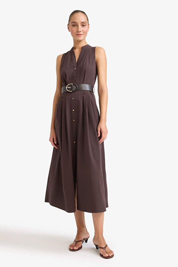 100% Cotton Regular Fit Belted Sleeveless Midi Dress F7342Ax25Au