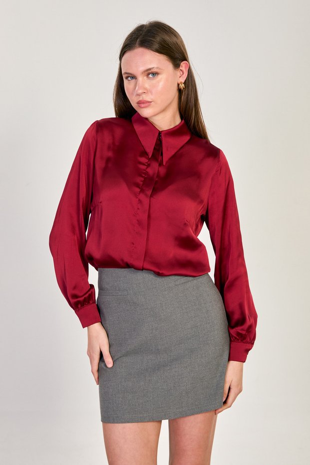 Women's Long Sleeve Satin Shirt - Burgundy