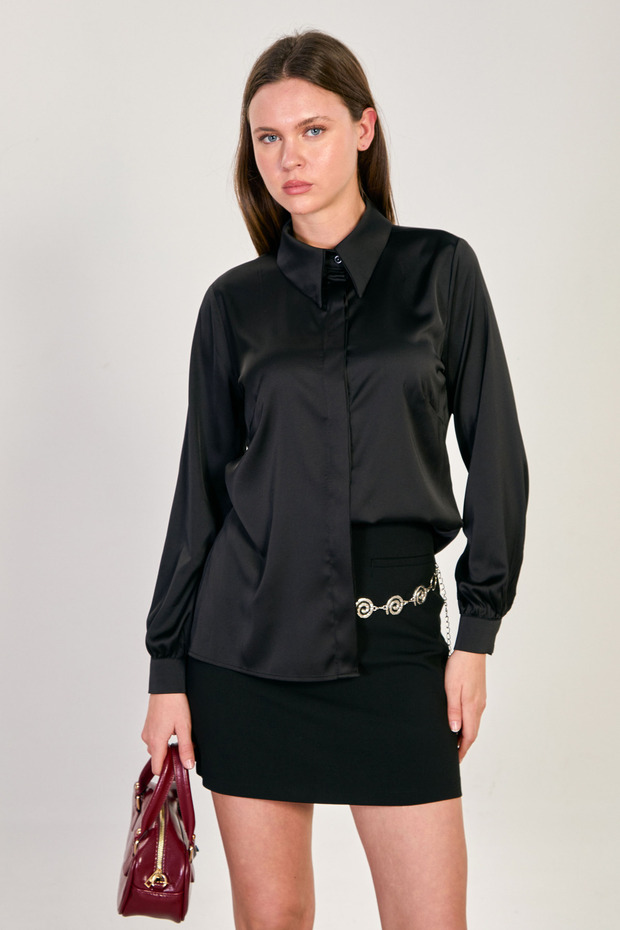 Women's Long Sleeve Satin Shirt - Black