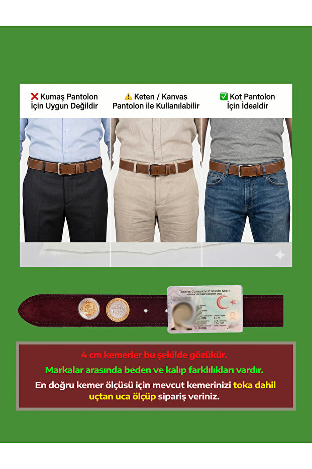 %100 Hakiki Deri Süet Kahverengi Kemer 4cm - 5