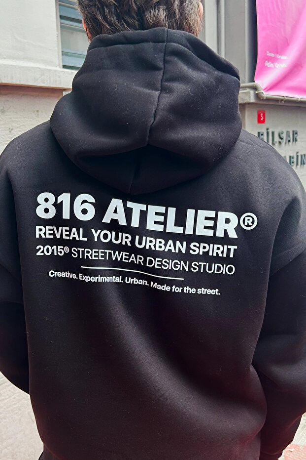 816 Atelier ® Printed Oversize Unisex Black Hoodie