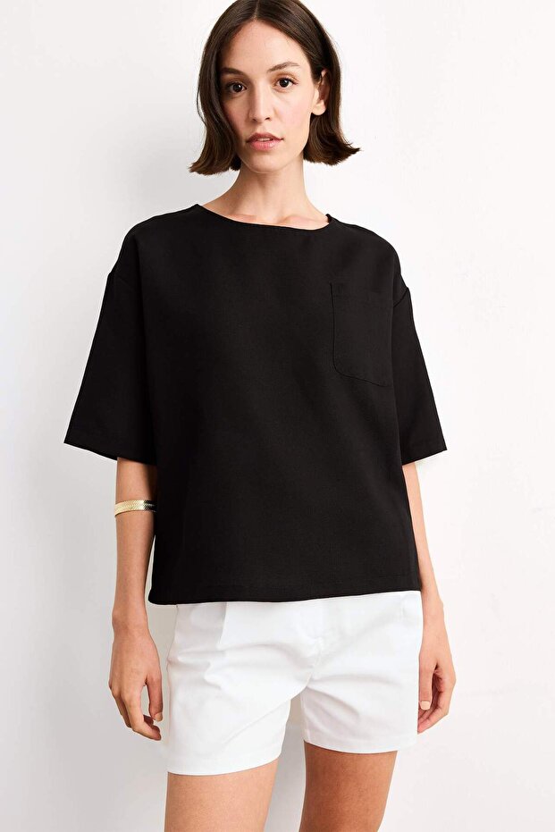 Linen Blended Relax Fit Crew Neck Woven Short Sleeve Blouse G0434Ax25Sm