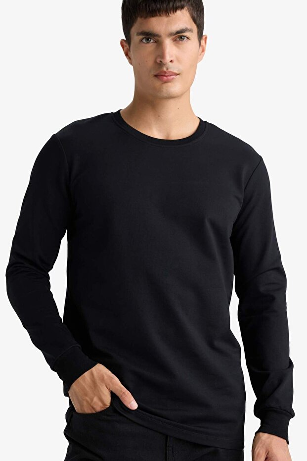 Slim Fit Dar Kesim Bisiklet Yaka Uzun Kollu Tişört F3646AX25AU - 1