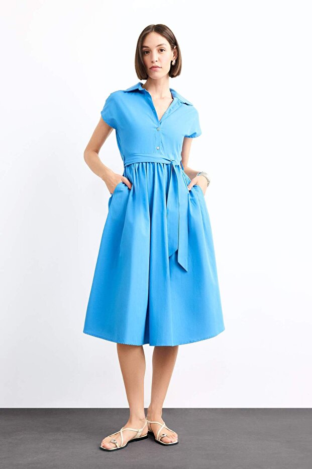 Terry Cotton Short Sleeve Belted Midi Dress G0392Ax25Sm