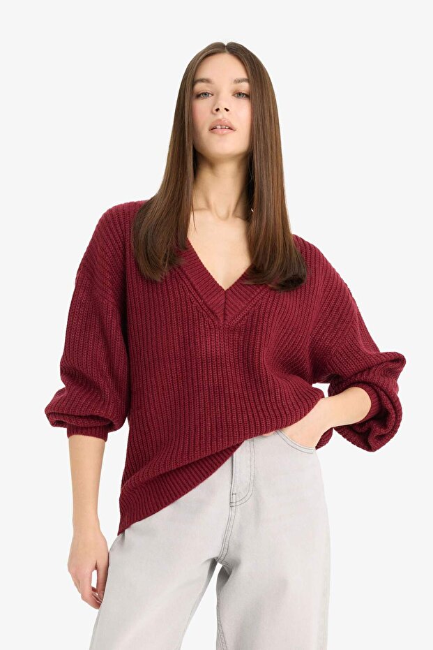 Oversize Wide Fit V-Neck Knitwear Sweater Z7135Az25Wn