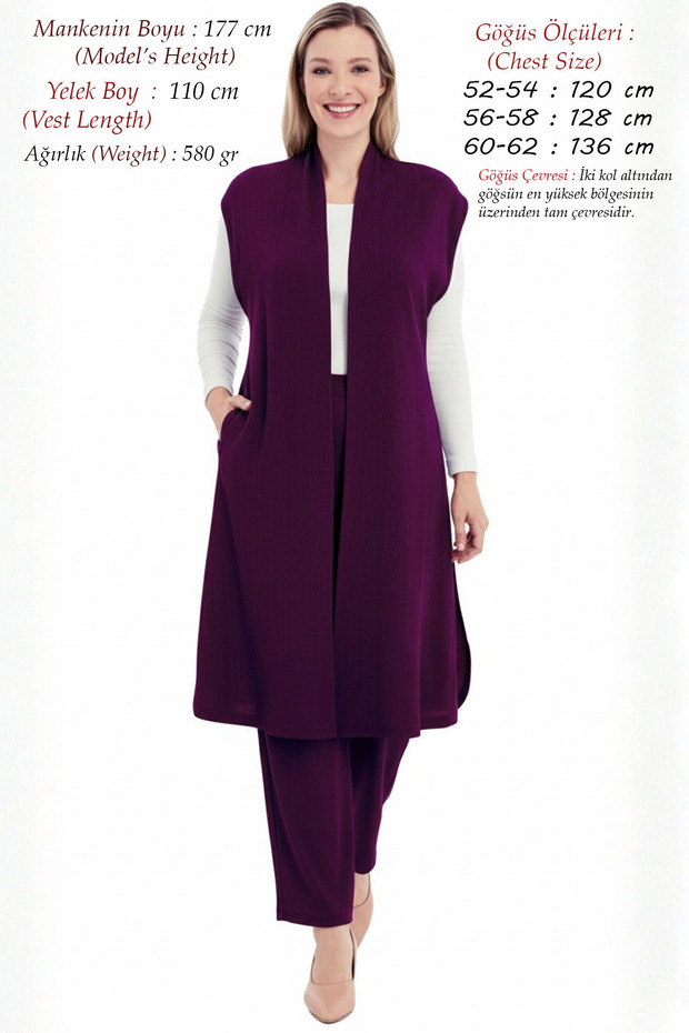 Plus Size Women's Oversized Summer Hijab Pants Anti-Sweat Belted Pocketed Vest Two-Piece Mother Purple Set