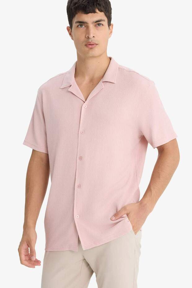 Anti-Wrinkle Modern Fit Polo Collar Textured Combed Cotton Short Sleeve Shirt C4125Ax25Sm