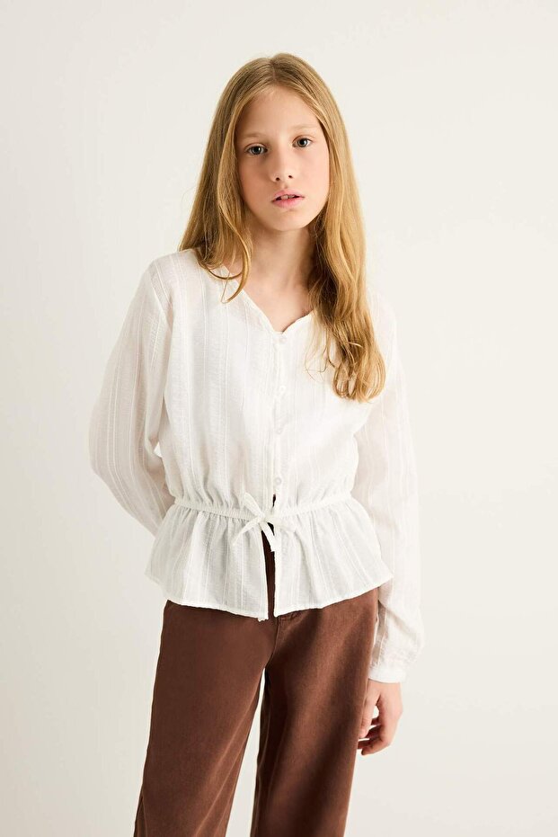 Oversize Muslin Long Sleeve Ecru Cotton Blouse Girls F5232A825Wn