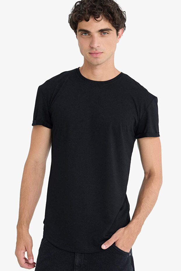 Long Muscle Fit Crew Neck Basic Short Sleeve Black T-Shirt N2104Az25Sp