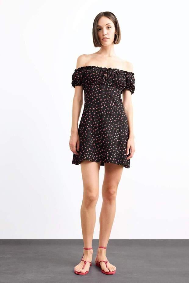 A-Line Floral Wrap Open Shoulder Mini Dress G0281Ax25Sm