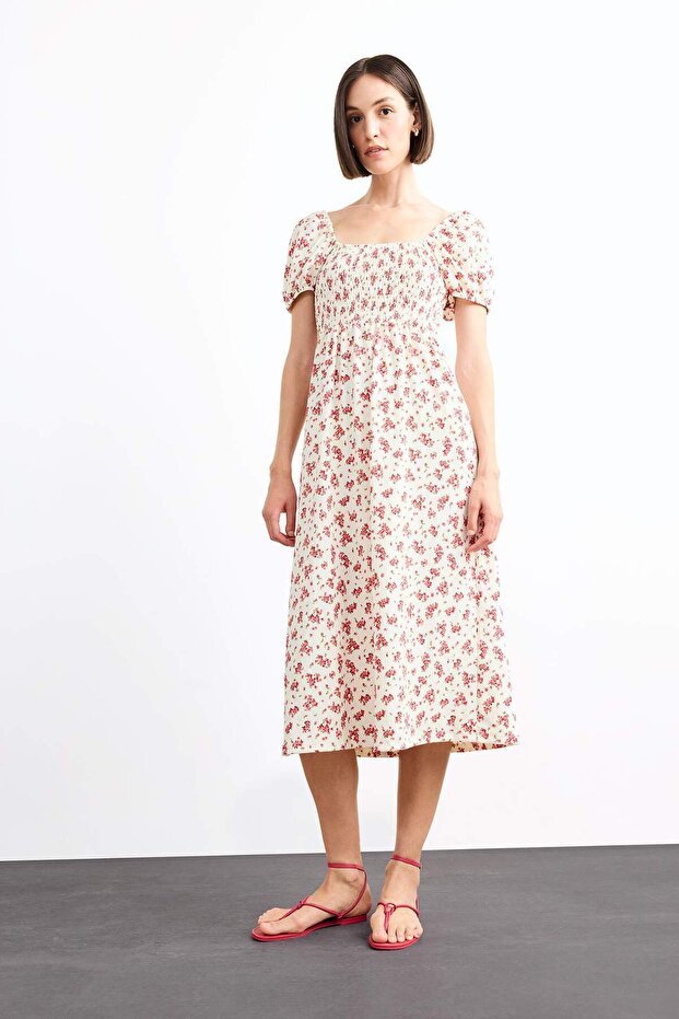 A-Line Floral Crinkled Textured Short Sleeve Midi Dress G0276Ax25Sm