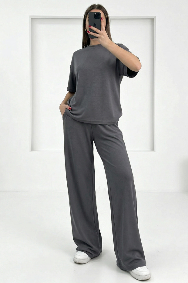 Women's Short Sleeve Summer Two Thread Combed Wide Leg Sweatpants Set