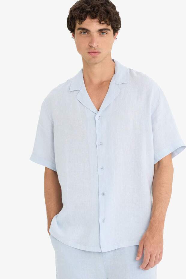 100% Linen Relax Fit Apaş Collar Short Sleeve Shirt F4597Ax25Hs