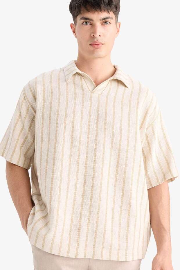 Oversize Wide Fit Polo Neck Striped Short Sleeve Shirt C7062Ax25Sm