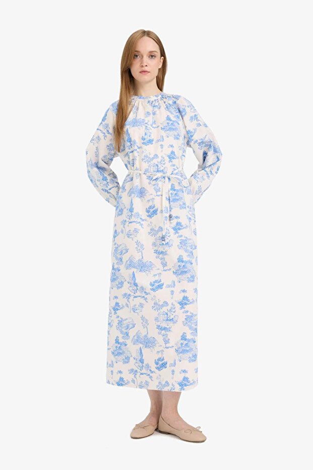 100% Cotton Relax Fit Crew Neck Floral Poplin Lace-Up Long Sleeve Maxi Dress F4554Ax25Hs