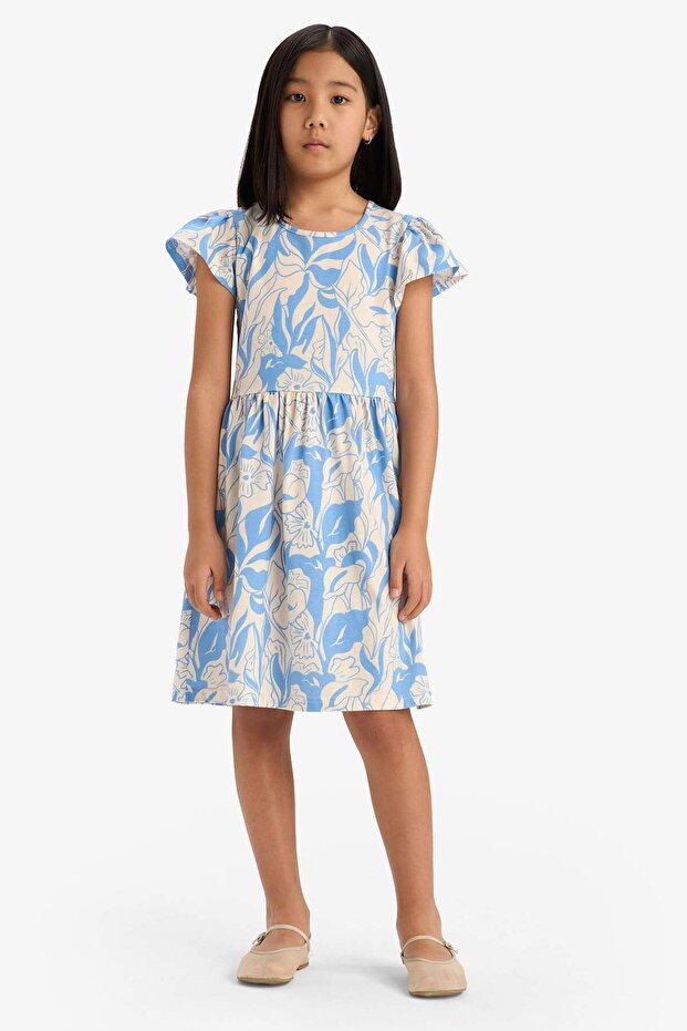 Crew Neck Patterned Short Sleeve Summer Dress for Girls B4339A825Sm
