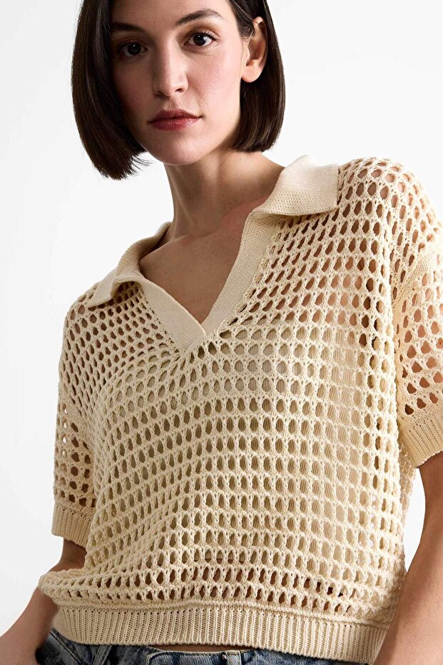 Polo Neck Crochet Short Sleeve Top F7451Ax25Hs