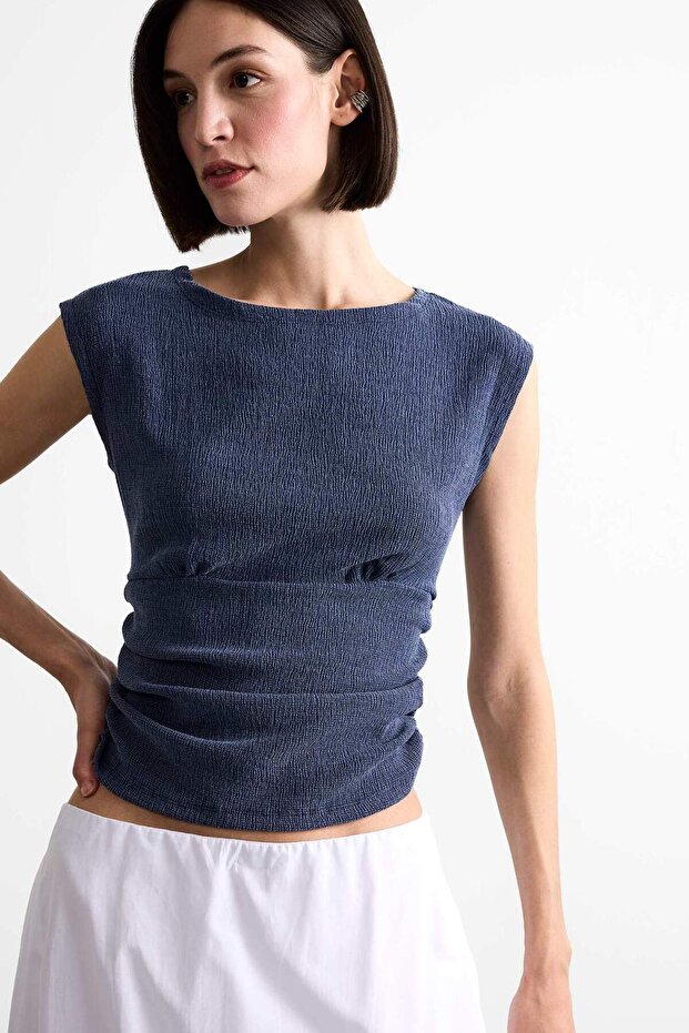 Round Neck Draped Basic Blouse F7491Ax25Sm - 1