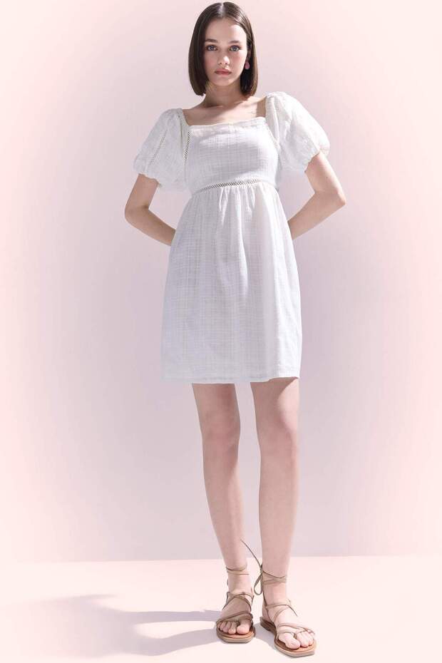 100% Cotton Square Neck Short Sleeve White Mini Dress E5390Ax25Sm