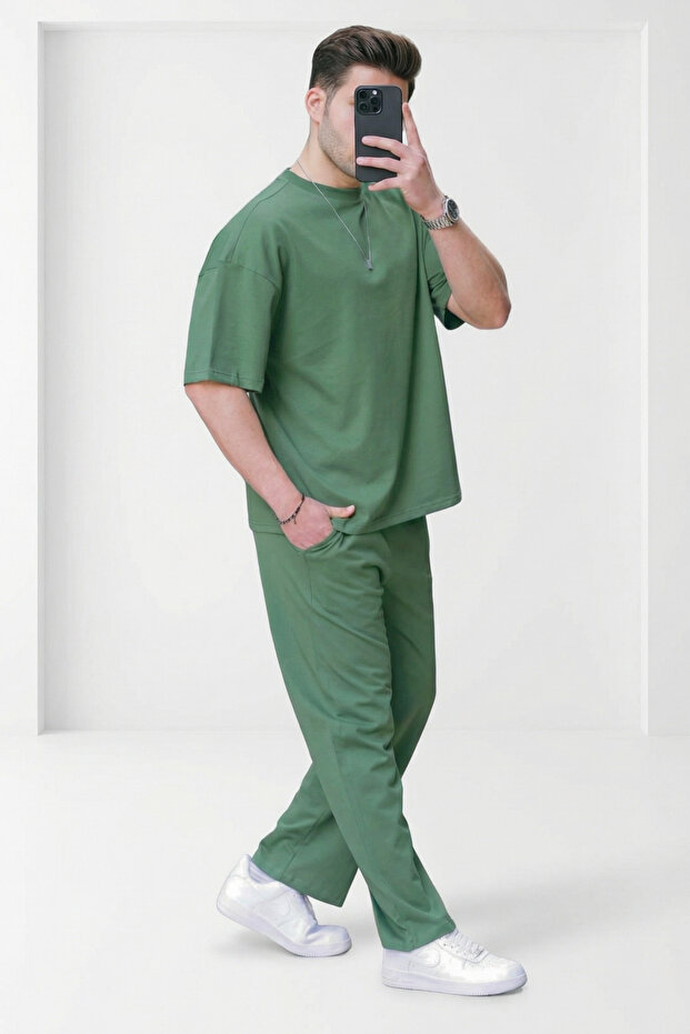 Men's Green Plain Oversize Two Thread Short Sleeve Tracksuit Set