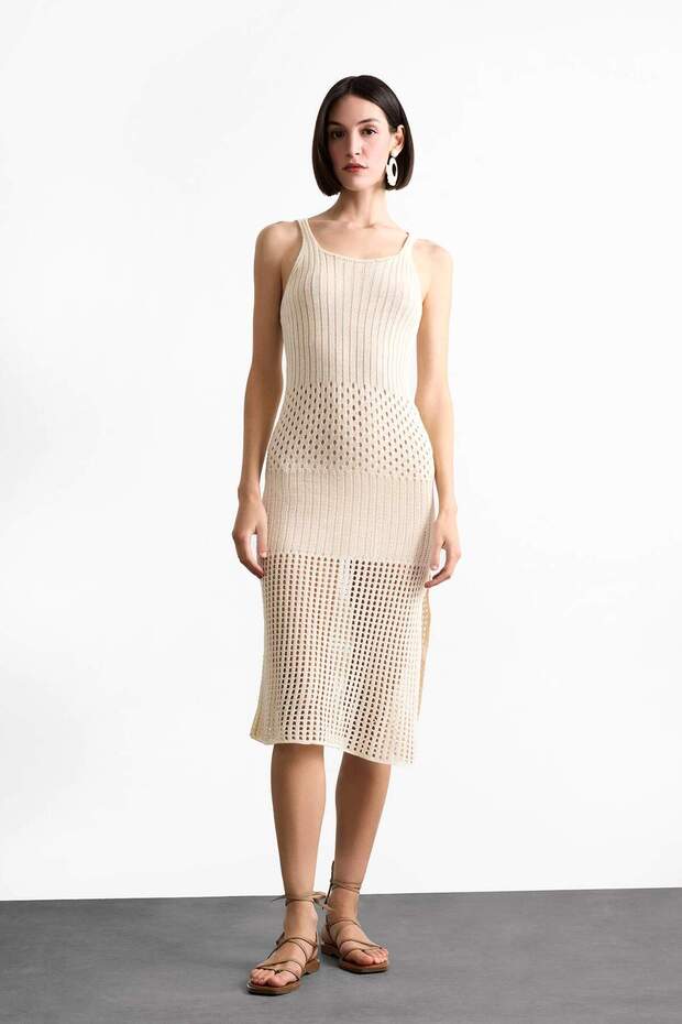 Crochet Knitwear Midi Beach Dress with Strap F7449Ax25Sm