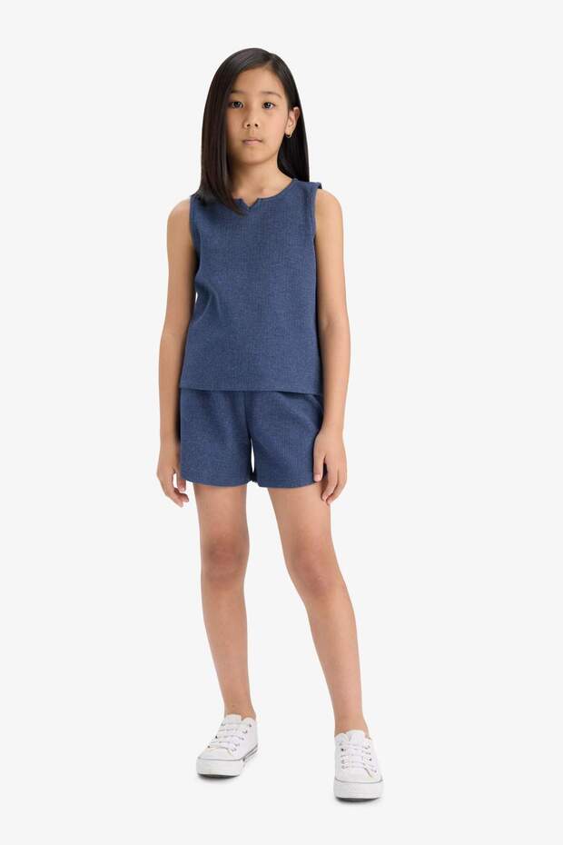 2'Li Takım Waffle Sleeveless Top Elastic Waist Shorts Bottom Girl Child F5184A825Sm