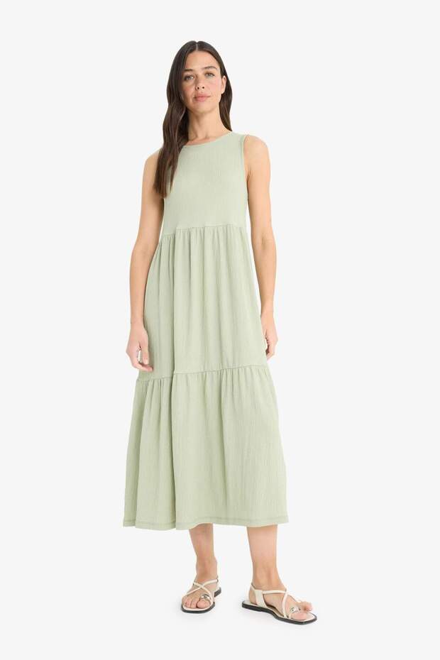 Crew Neck Wrinkled Textured Sleeveless Midi Summer Dress A8841Ax25Sm